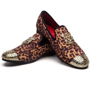 JITAI Men’s Luxury Leopard Print Loafers Gold Studded Toe &Regal Crest Buckle